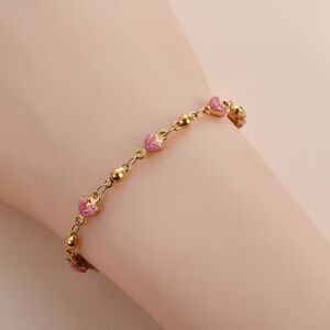 Gold Heart Pink Stone Beaded Bracelet Dainty Pendant Station Chain Charm Boho